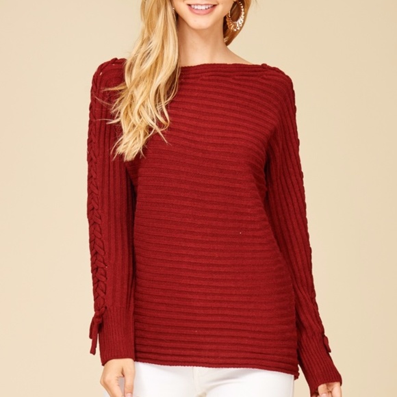 STACCATO Sweaters - NEW BURGUNDY BOAT NECK LACE UP SLEEVE SWEATER STACCATO Sweaters - NEW BURGUNDY BOAT NECK LACE UP SLEEVE SWEATER