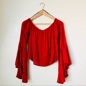 Off the Shoulder Bell Sleeve Red Blouse