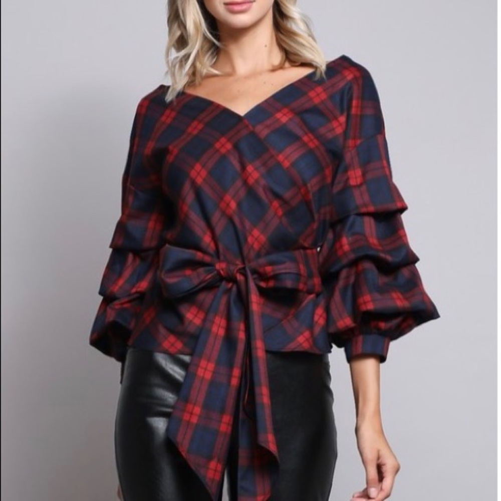 Blue and red plaid wrap blouse