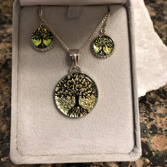 STERLING SILVER DICHROIC TREE OF LIFE SET NIB - Picture 3 of 5