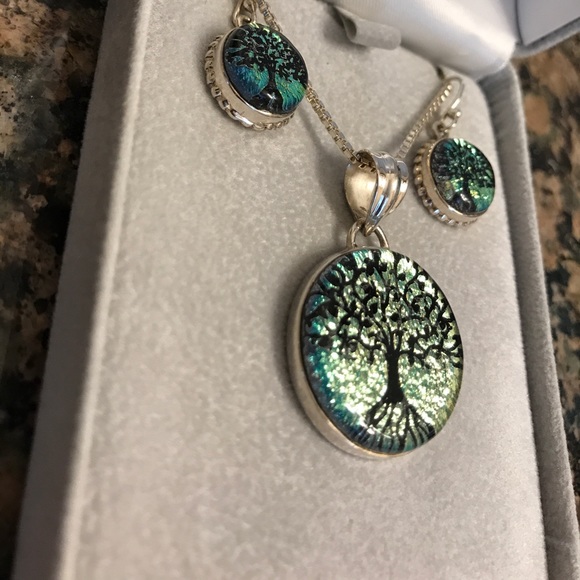 STERLING SILVER DICHROIC TREE OF LIFE SET NIB - Picture 4 of 5