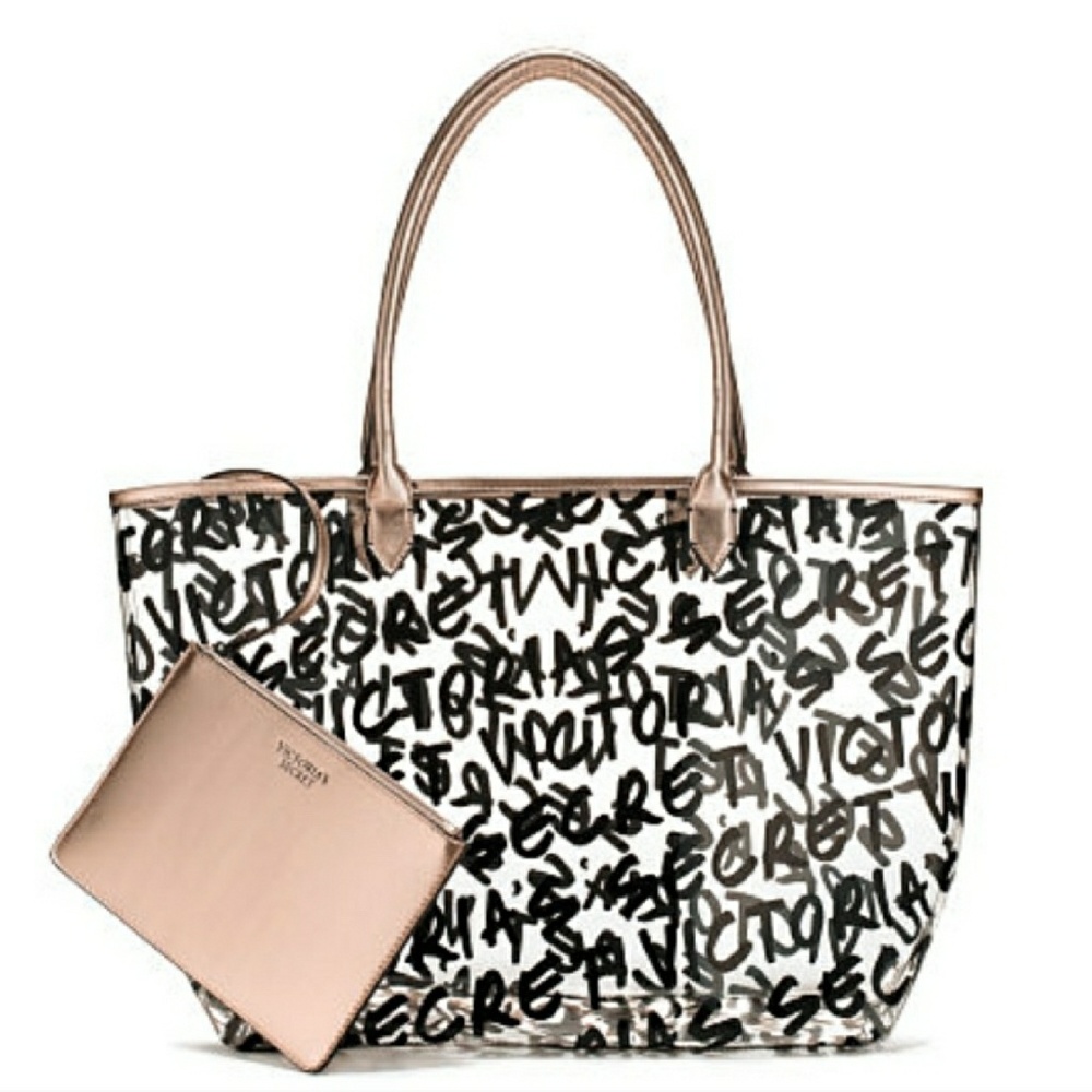 VS CLEAR PLASTIC MONOGRAM TOTE + POUCH.SET - Picture 1 of 4