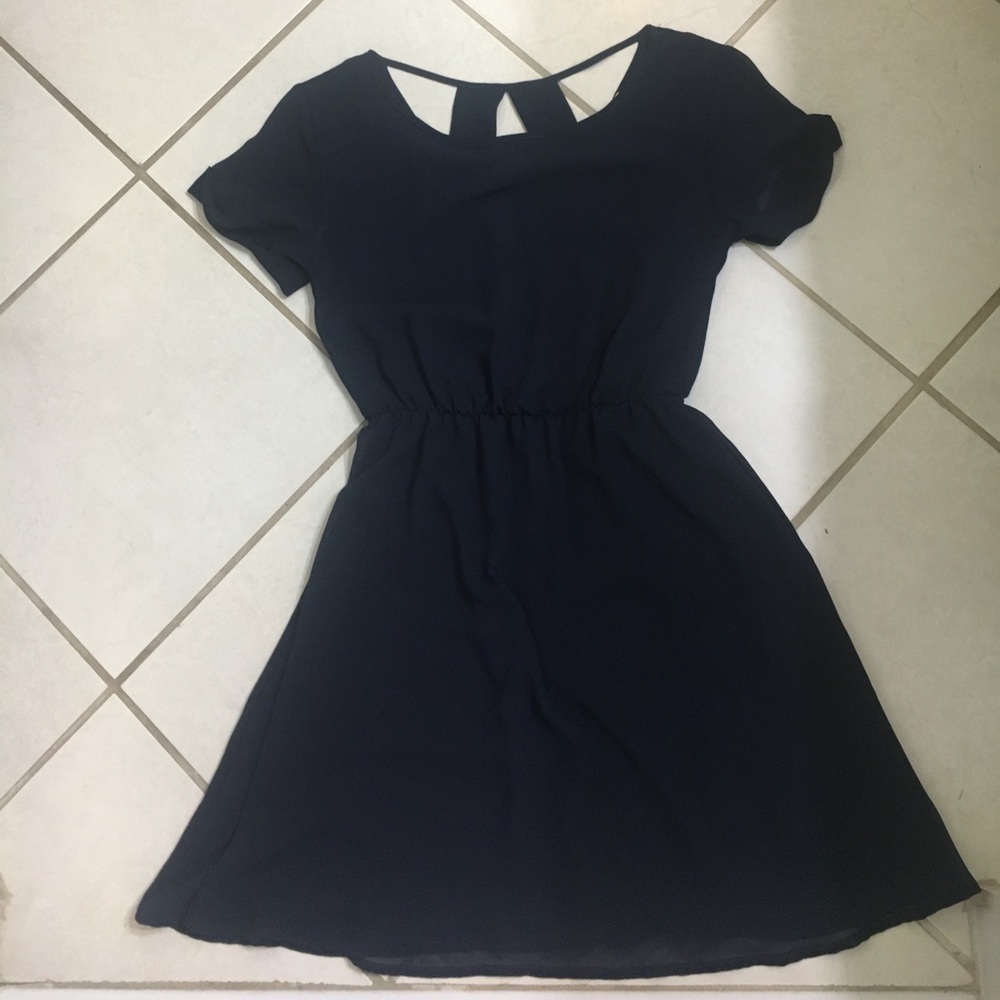 navy blue dress with a cut out back