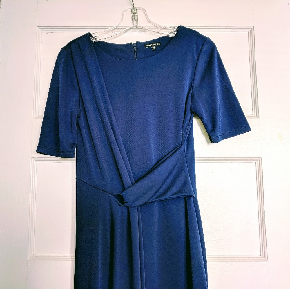 Warehouse UK asymmetric​ sash  dress navy blue