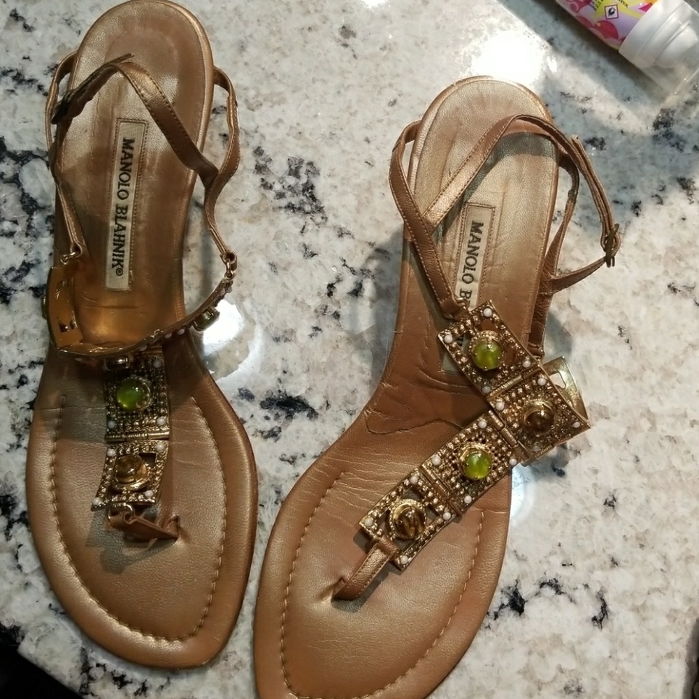 Manolo Blahnik kitten heel jeweled tan sandal