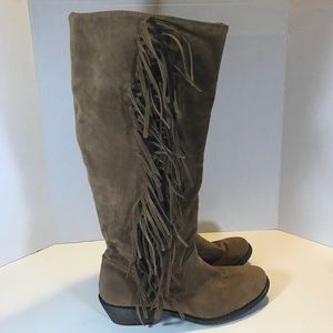 Material Girl MCODY brown fringe knee Boots 9.5 M