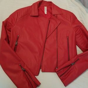 Mural faux red leather motorcycle jacket