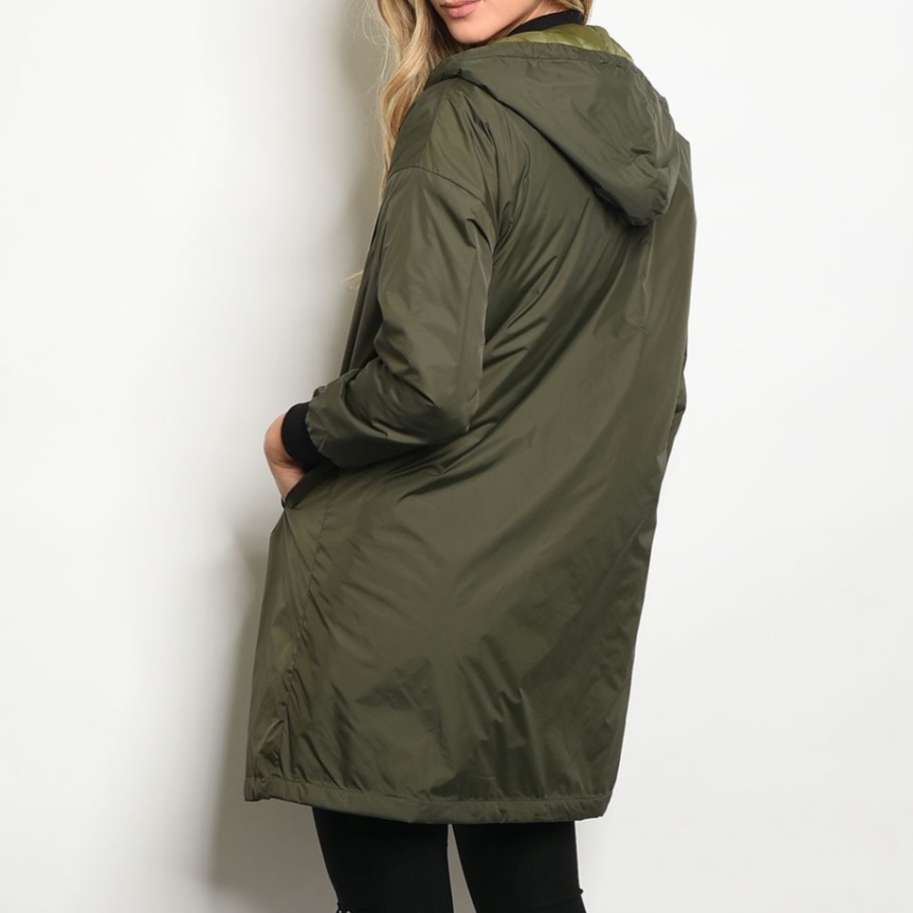 Olive Bomber Jacket with Detachable Hood - Picture 2 of 6