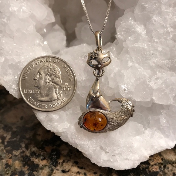 STERLING SILVER CAT BALTIC AMBER PENDANT NIB - Picture 2 of 3