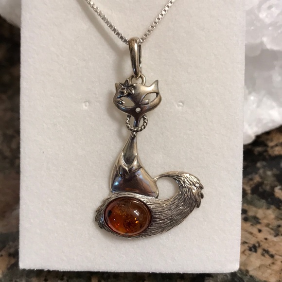 STERLING SILVER CAT BALTIC AMBER PENDANT NIB - Picture 3 of 3