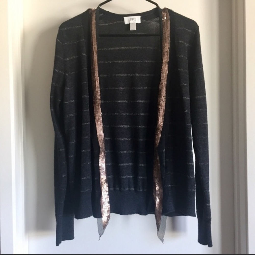 NWOT Striped Grey Cardigan with Bronze Sequencing