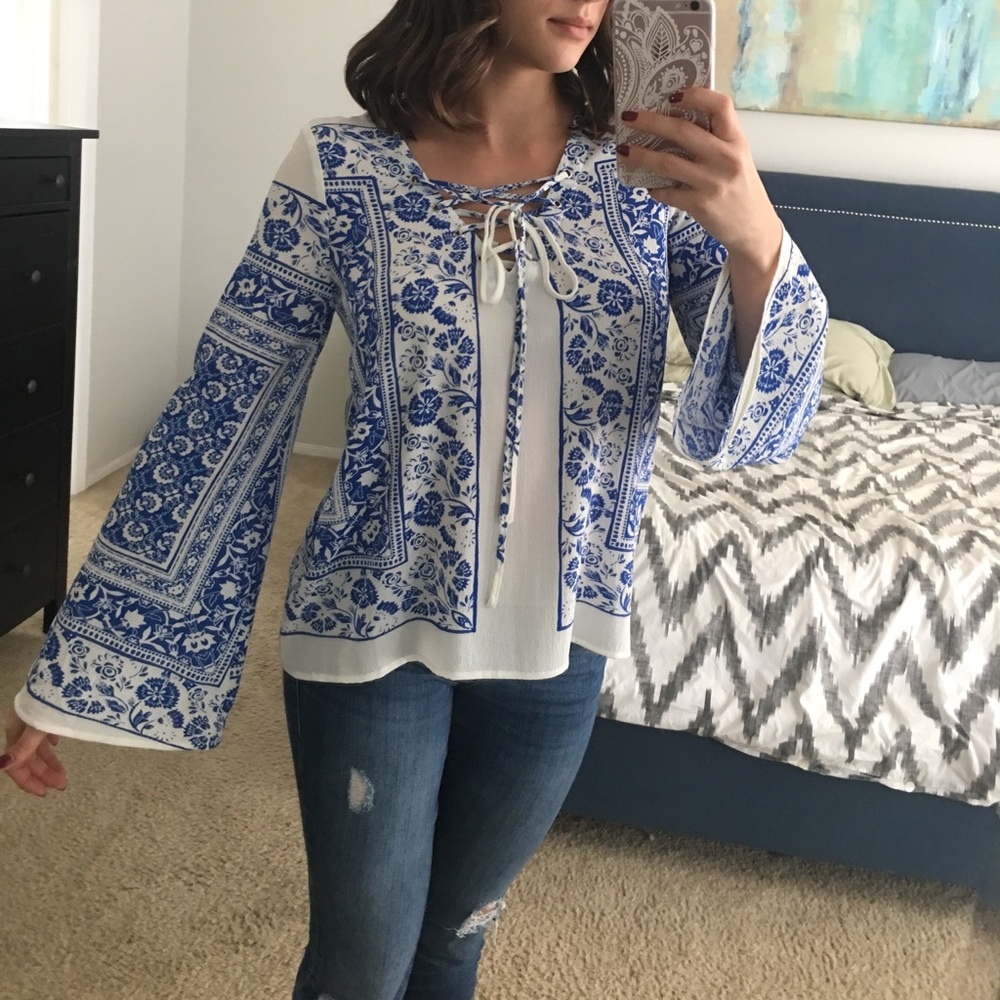 Blu Pepper Bell Sleeve Lace Up Top