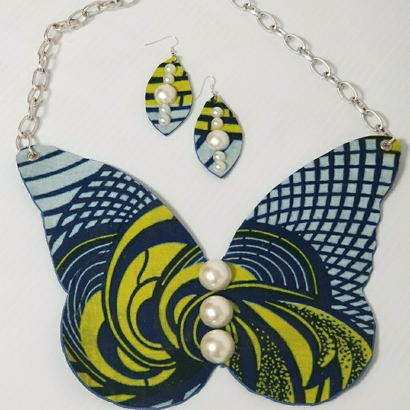 African Print Butterfly Necklace Set - Picture 1 of 2