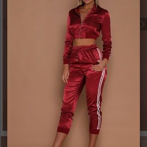 Red white stripe satin cropped sweat suit