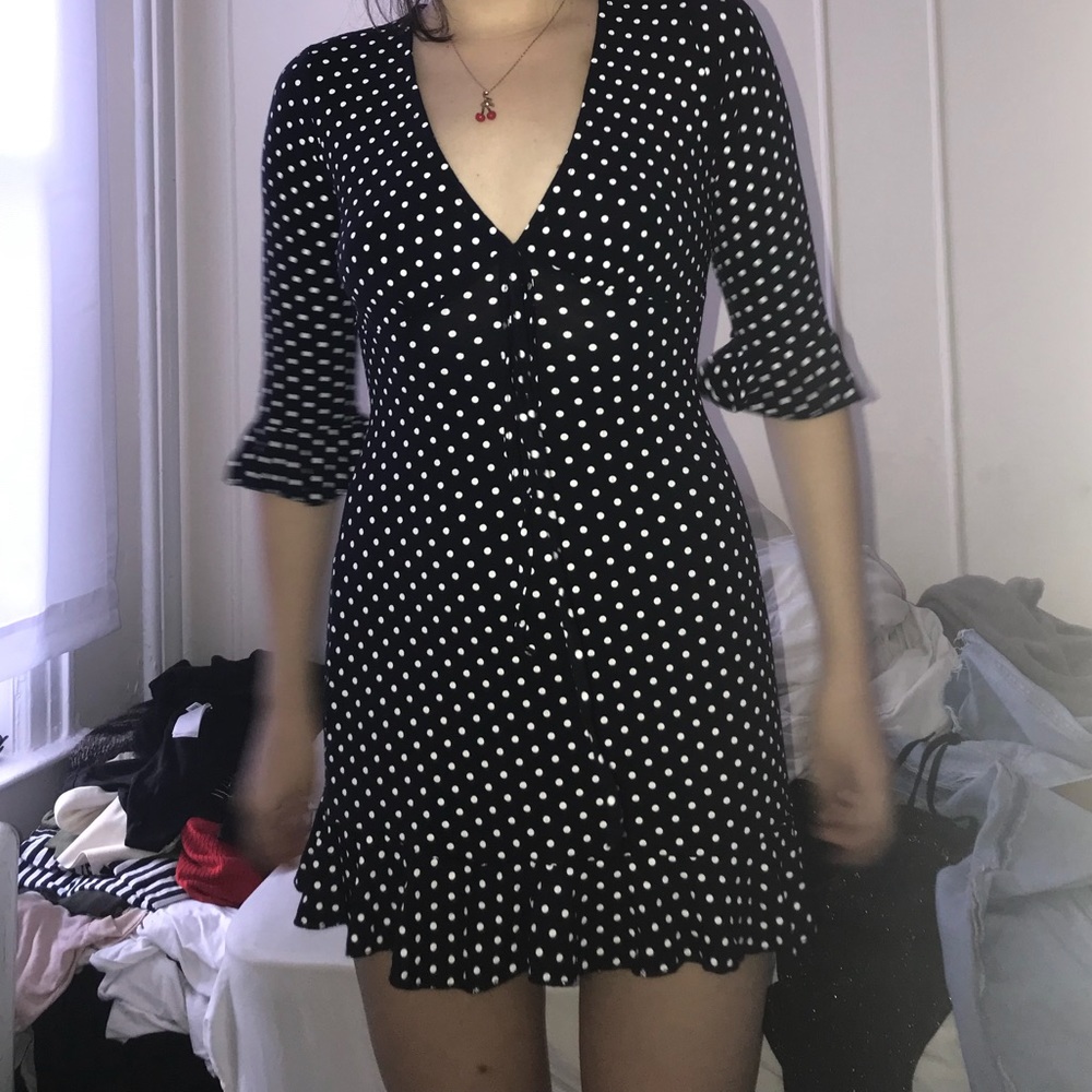 NAVY POLKA DOT TEA DRESS (size 4/6)