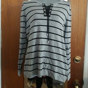 STRIPED LACE-UP SWEATER