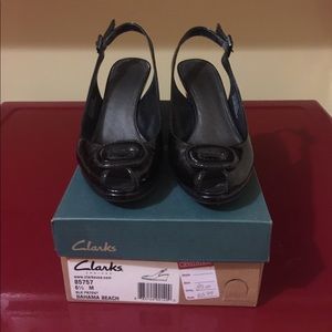 Clarks Black Patent Bahama Beach Slingback Wedge