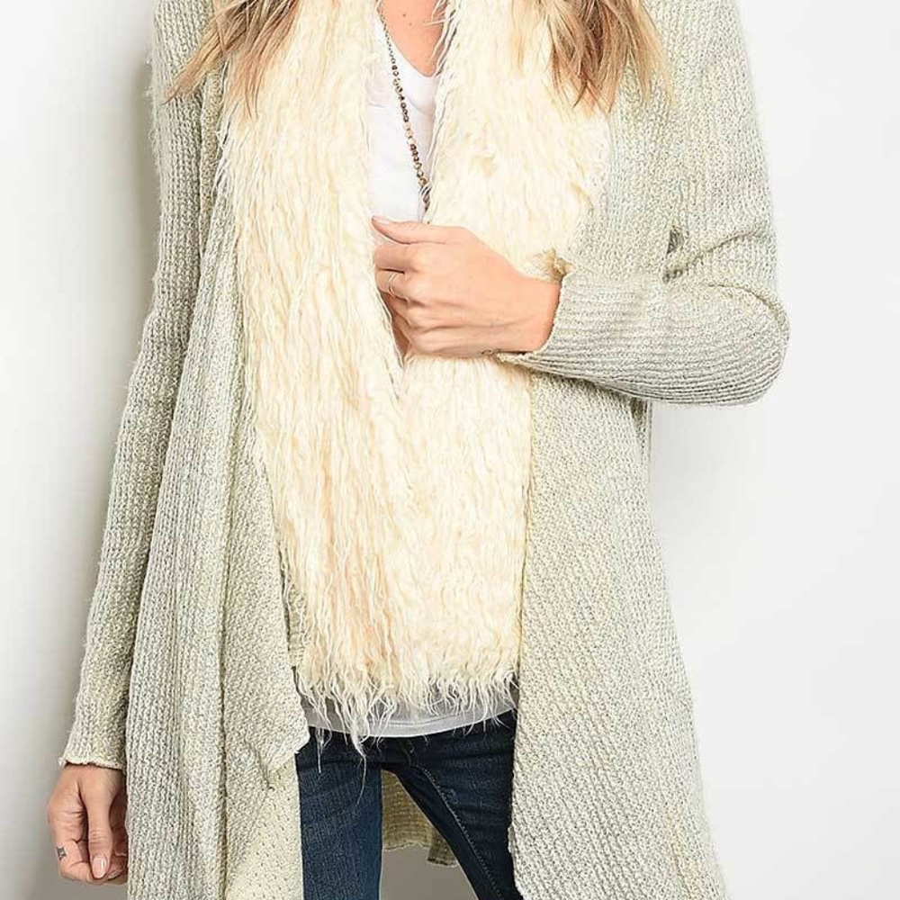 Long Sleeve Knit Faux Fur Trim Open Cardigan