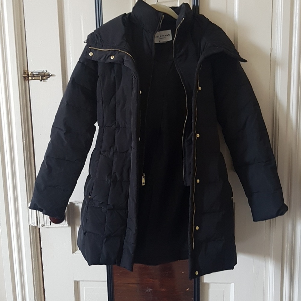 NWOT Black Cole Haan Layered Down Puffer Coat XS