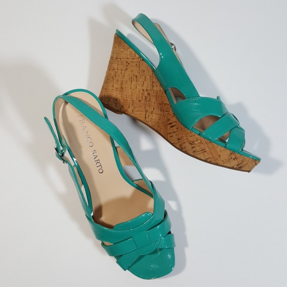 Turquoise patent Franco Sarto cork wedge slingback