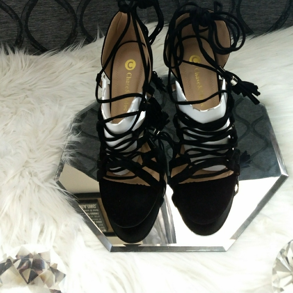 Black Tassel Lace Up Heels