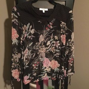 Sheer floral top with hood