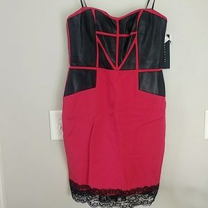 Aidan Mattox Red Black Panel Leather Dress