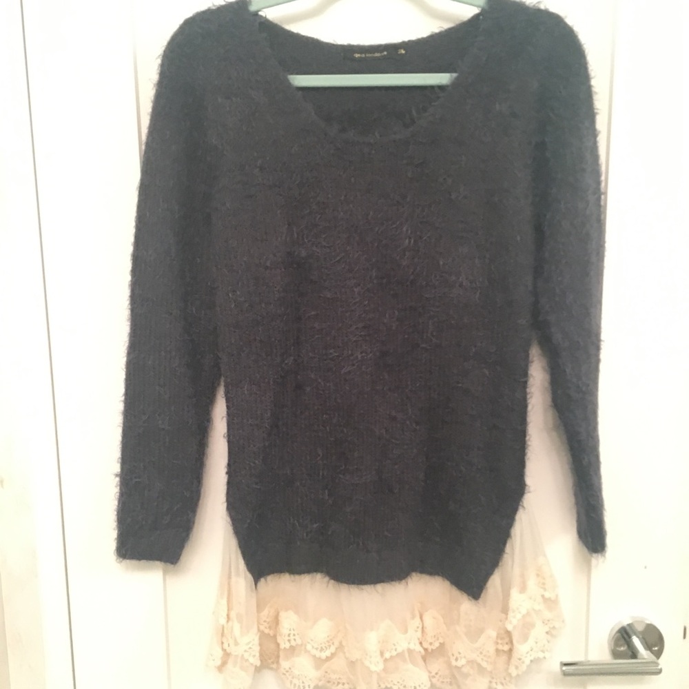LF Fuzzy Lace Trim Blue Sweater NWOT