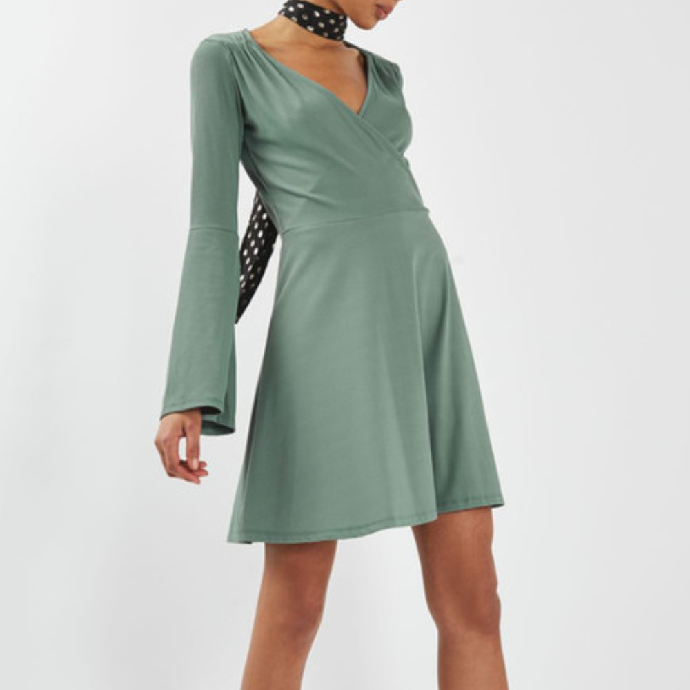 Topshop Ribbed Bell Sleeve Paris Dress Mint Sage