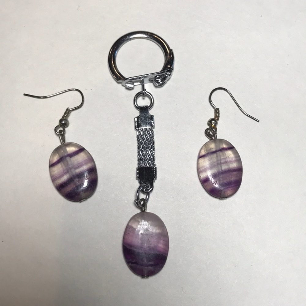 Fluorite earrings and key chain set natural stone