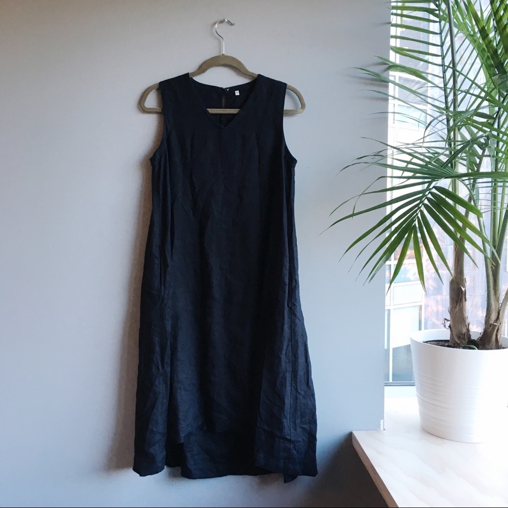 MUJI French Linen Washed Sleeveless Dress, Navy