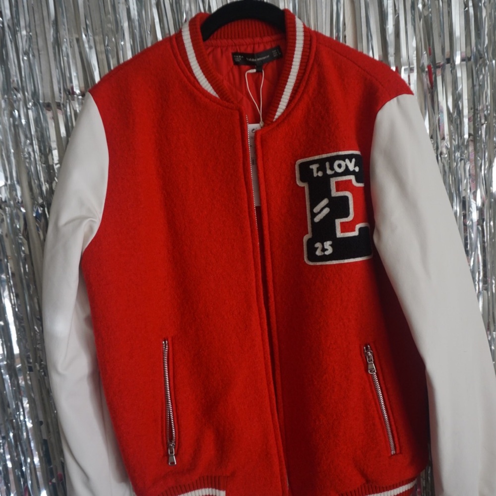 Zara letterman jacket with faux leather sleeves.