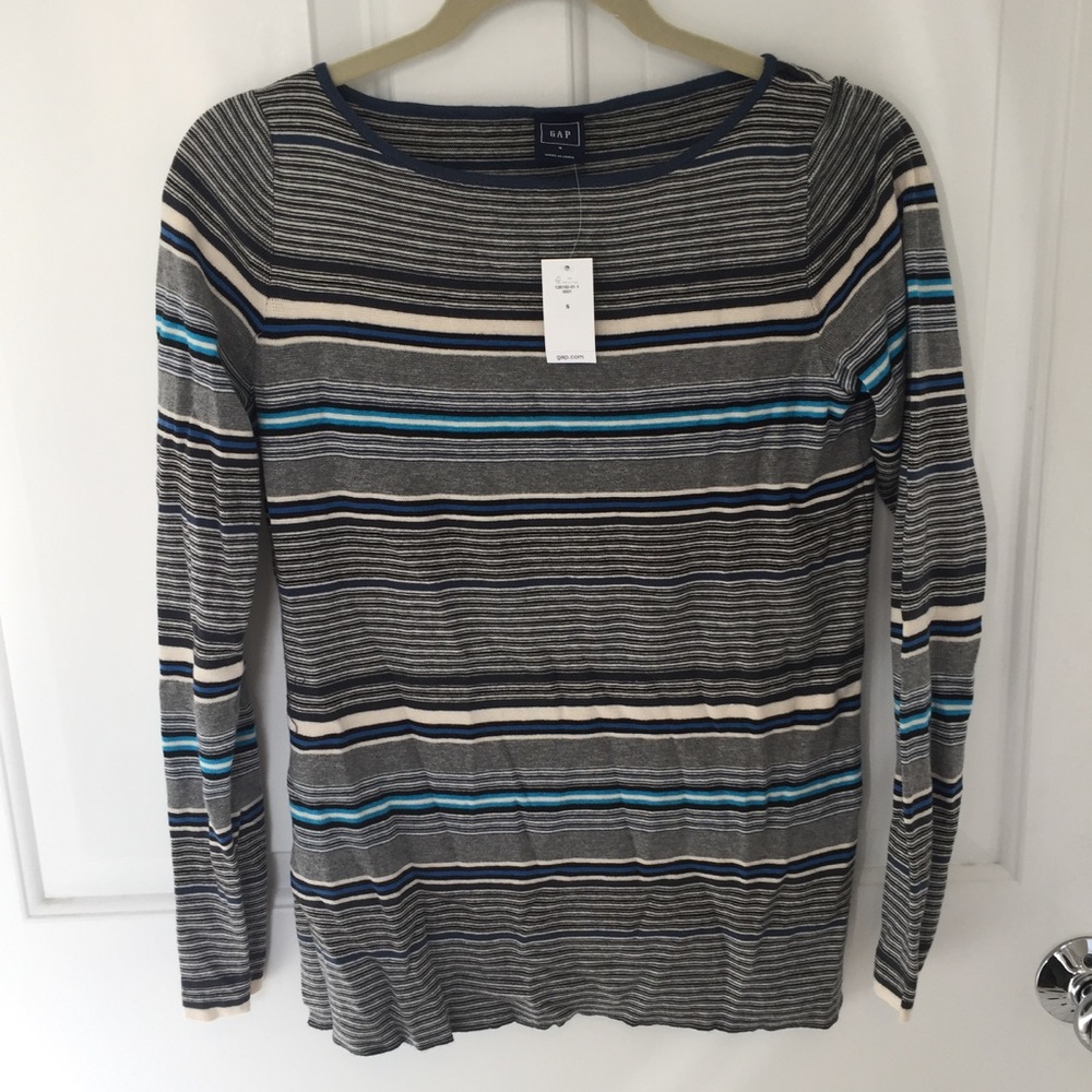 NWT Gap Blue and Grey Striped Crew Neck Sweater