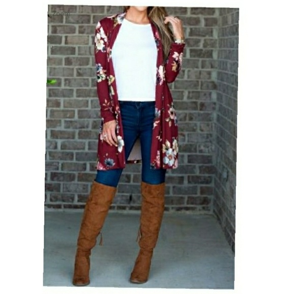 🎈SOLD OUT🎈Burgandy Floral Long Sleeve Cardigan - Picture 3 of 5