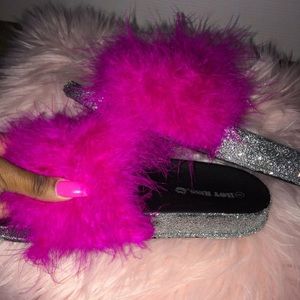 Hot pink fur slides