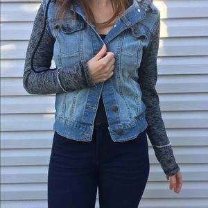 jean jacket with cotton sleeves and hood