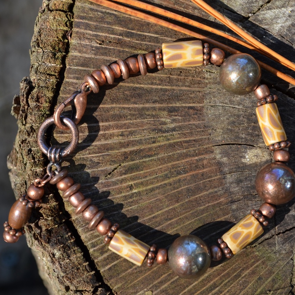 Antique Copper and Giraffe Bead Bracelet