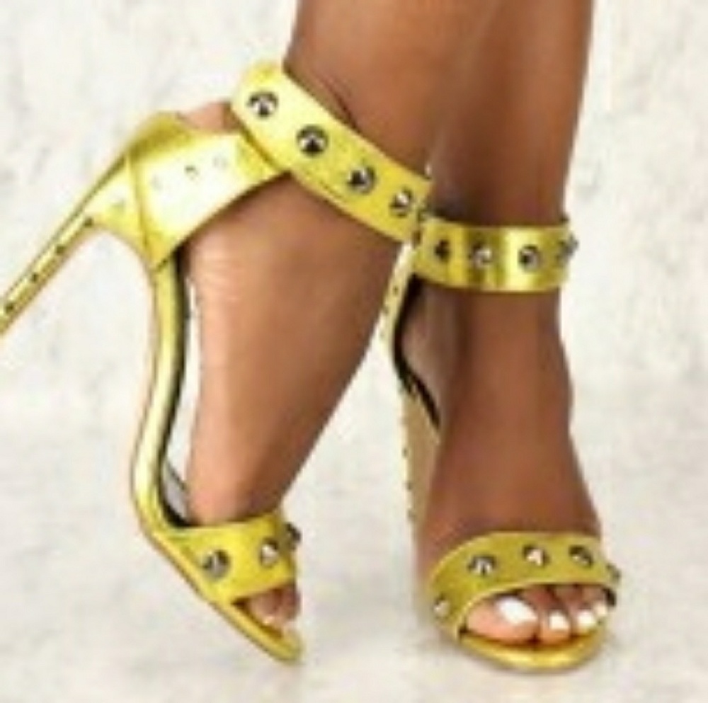 Gold Printed Studded Open Toe High Heels Faux