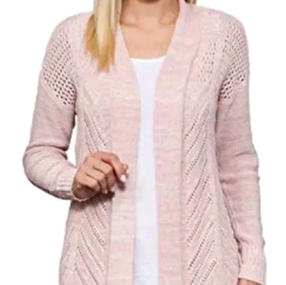 Leo & Nicole Marled Rib Trim Pointelle Cardigan