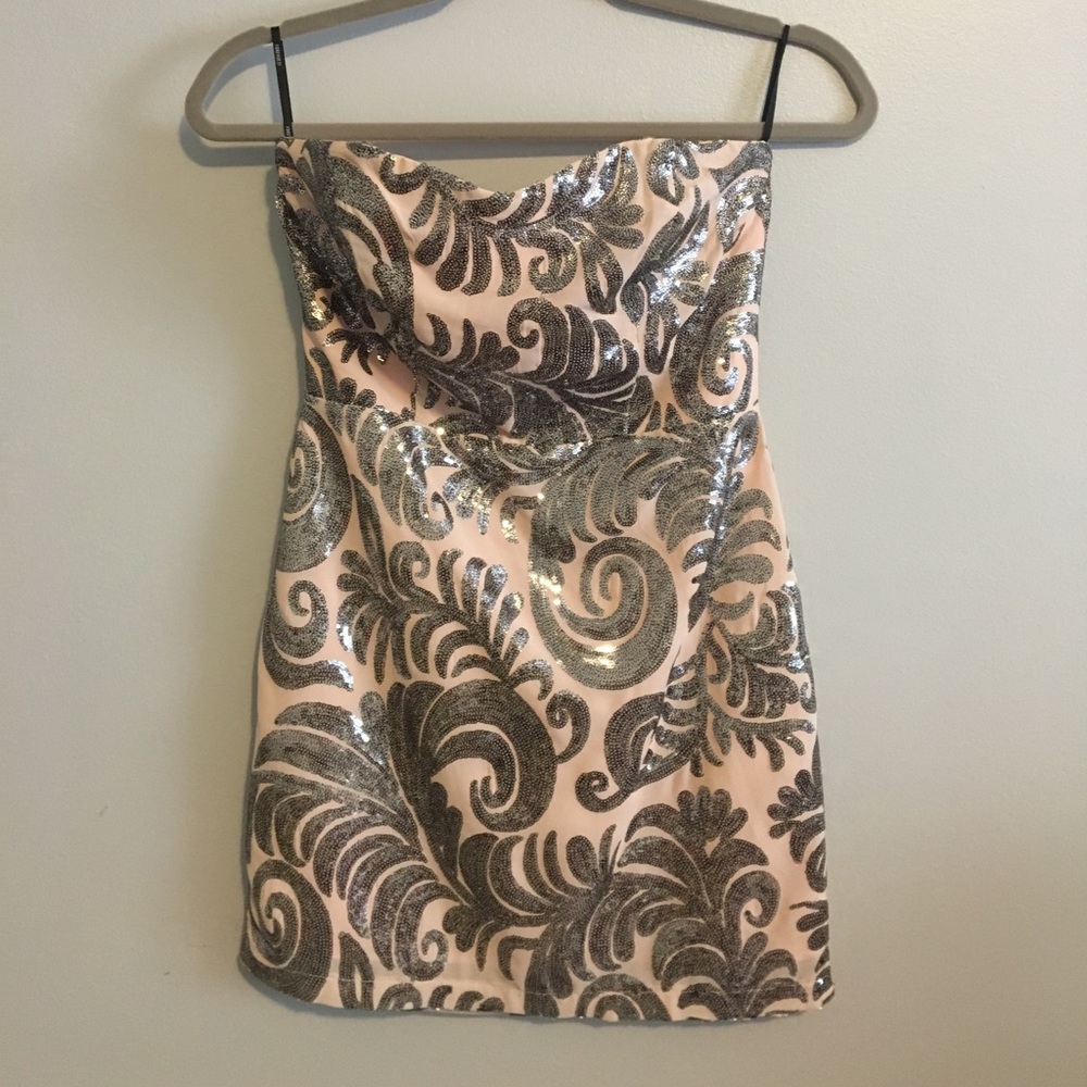 Strapless nude and silver dress