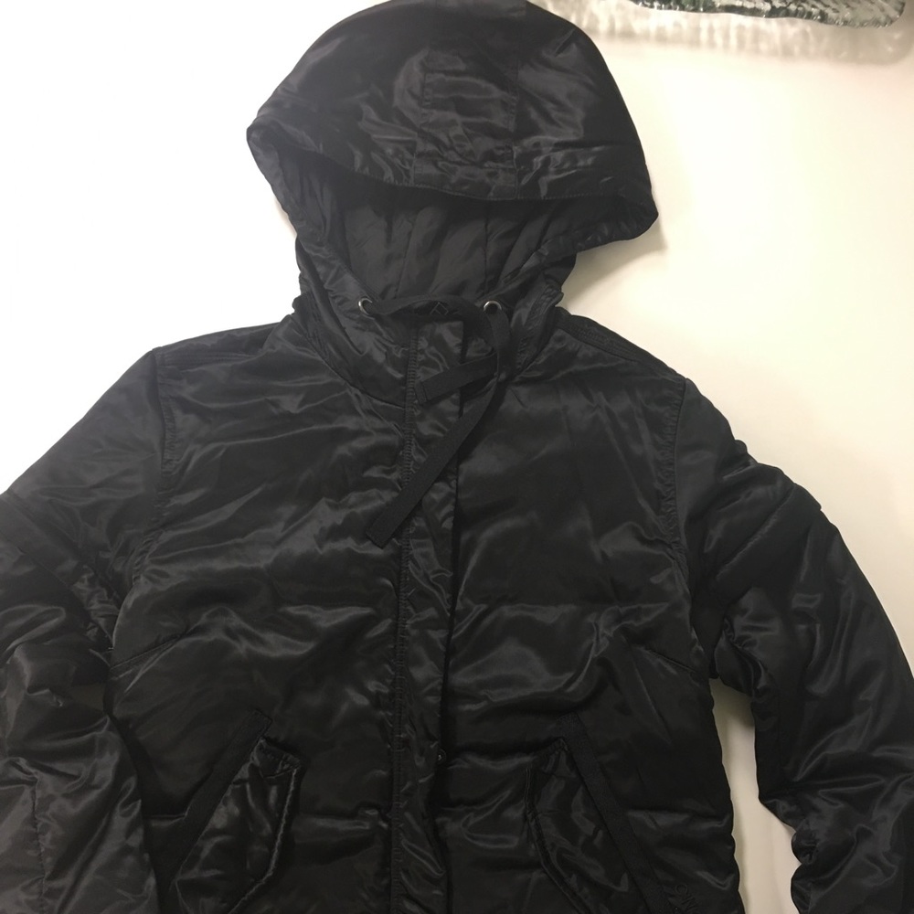 Black nylon hooded jacket with detachable sleeves
