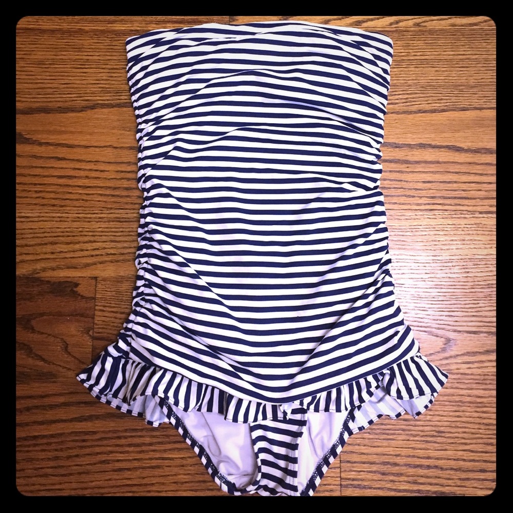S 32C Coco Rave navy white striped ruffle swimsuit
