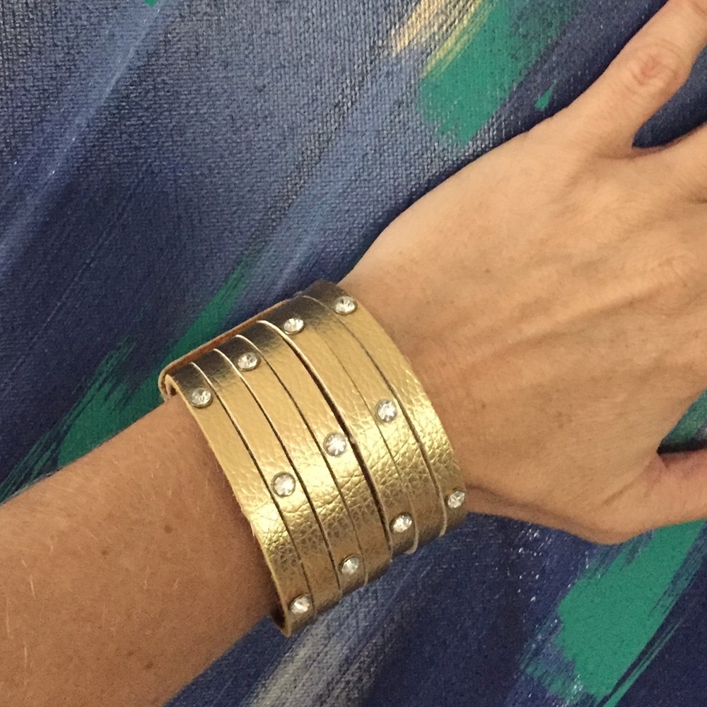 Gold and CZ leather wrap bracelet