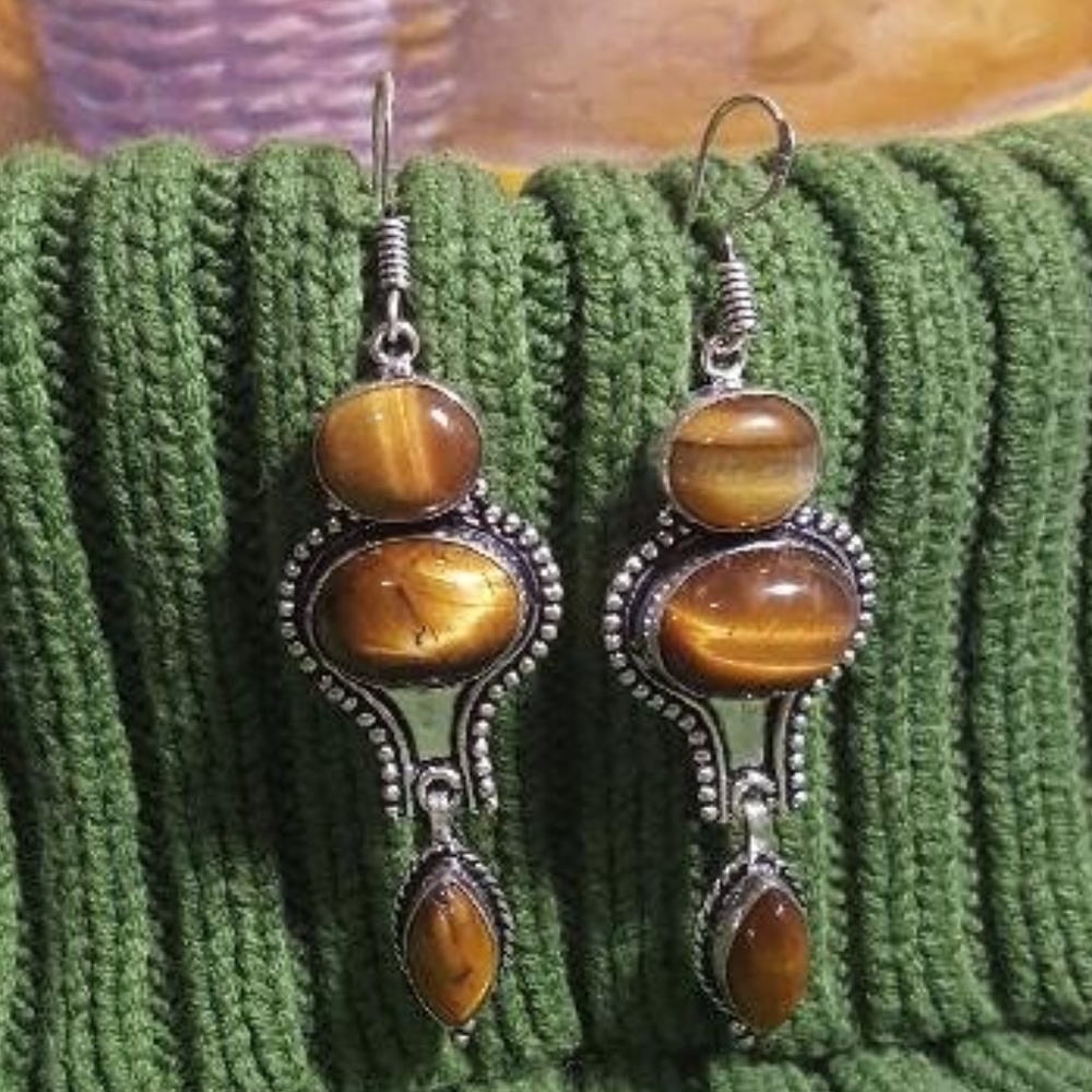Earrings brown yellow tiger eyes silver fashion