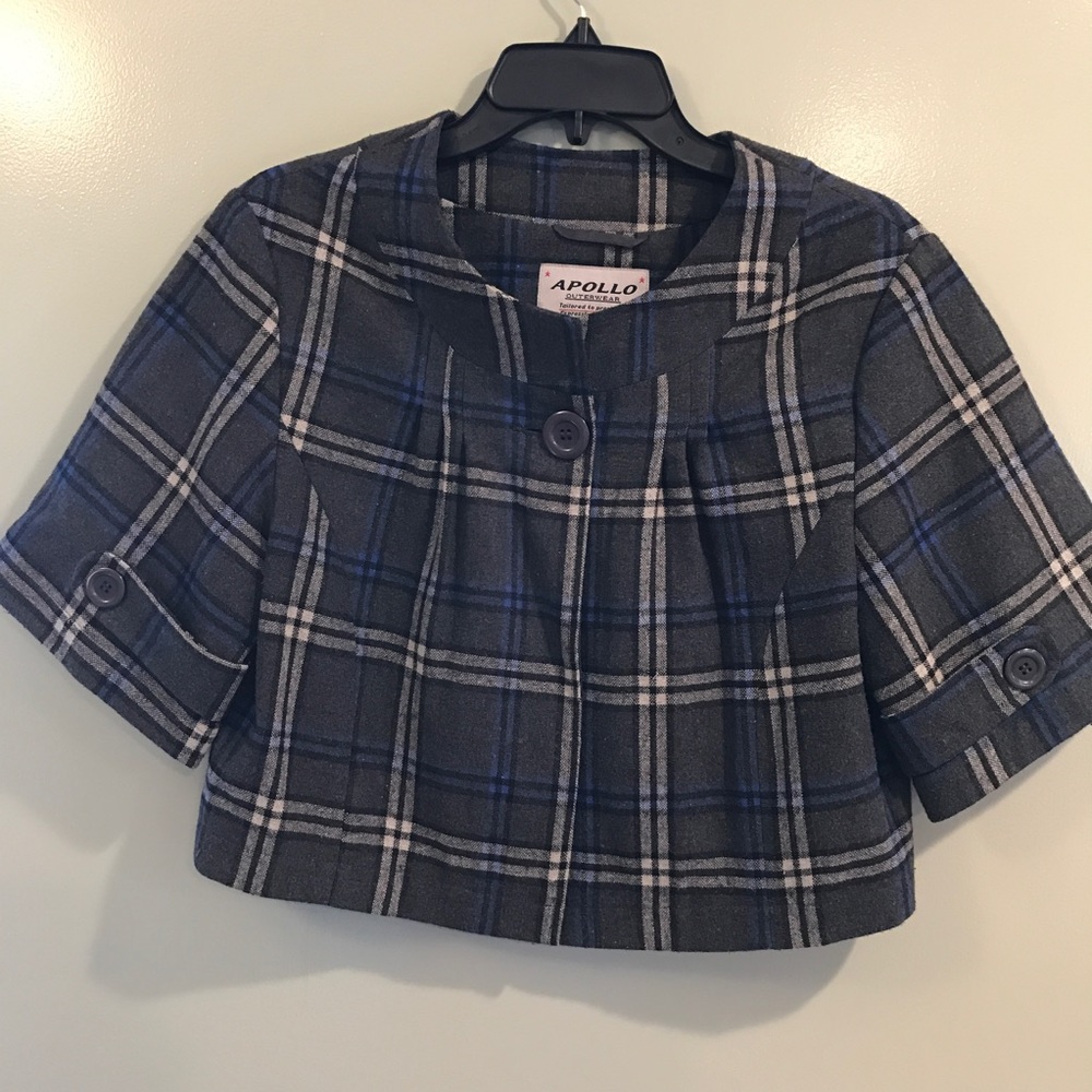 Midi, swing style, blue and gray plaid blazer