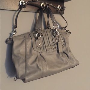Gray Coach Shoulder Bag with Silky Pink Interior