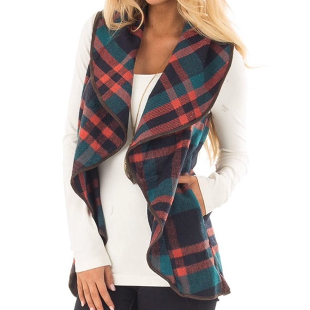Multicolor Plaid Vest with Ruffle Front! Teal/Orange/Brown. Size Small. NWT!