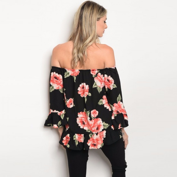 FLORAL RUFFLE OFF THE SHOULDER BELL SLEEVE TOP - Picture 2 of 8