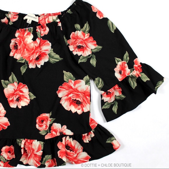 FLORAL RUFFLE OFF THE SHOULDER BELL SLEEVE TOP - Picture 7 of 8