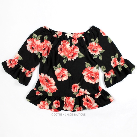 FLORAL RUFFLE OFF THE SHOULDER BELL SLEEVE TOP - Picture 3 of 8